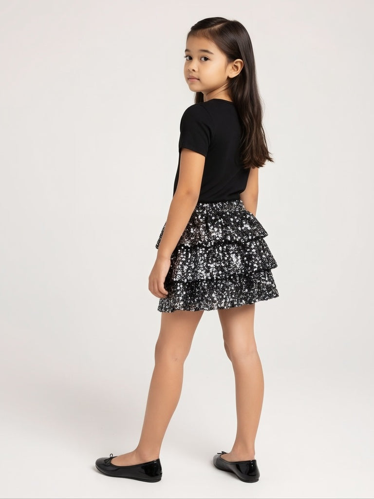 HOP Kids Black Sequin Embellished High-Rise Tiered Skirt