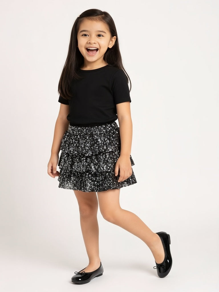 HOP Kids Black Sequin Embellished High-Rise Tiered Skirt