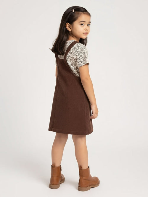 HOP Kids Dark Brown Corduroy Pinafore with T-Shirt Set