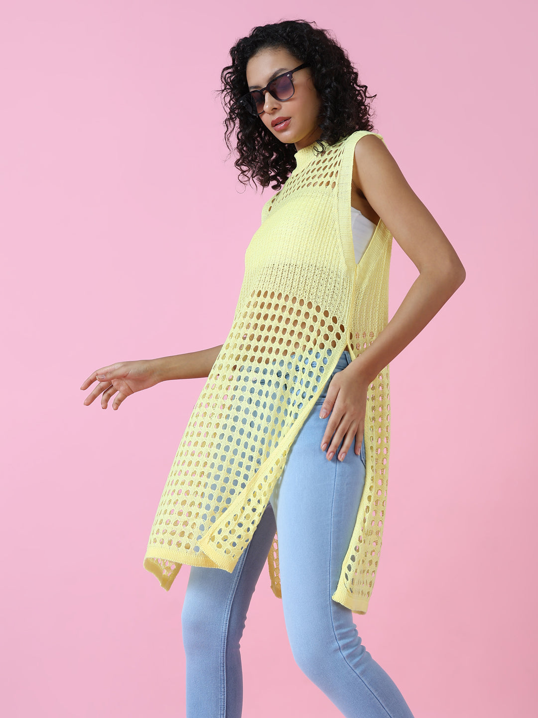 Women's Yellow Solid Crochet Longline Top