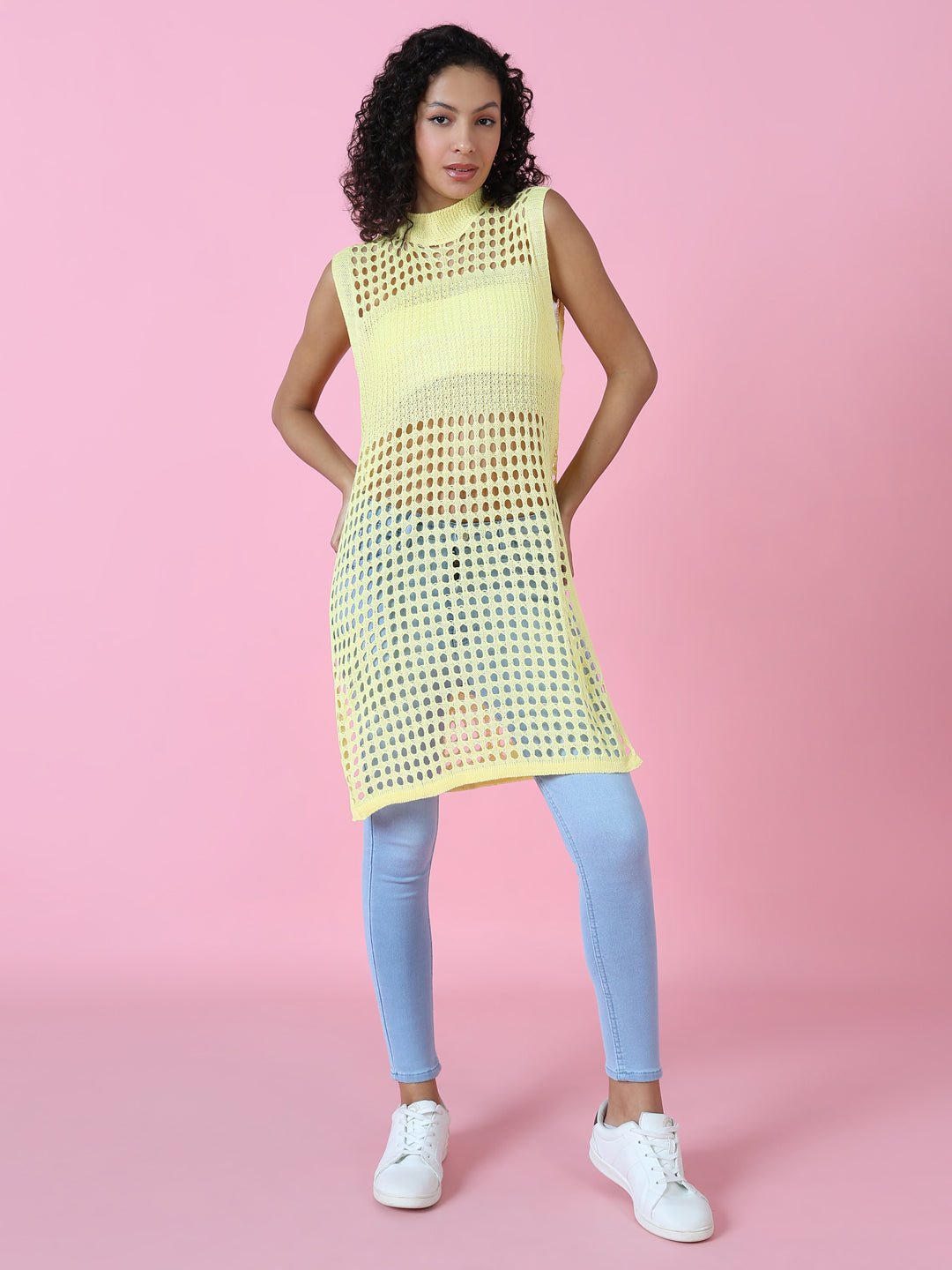 Women's Yellow Solid Crochet Longline Top