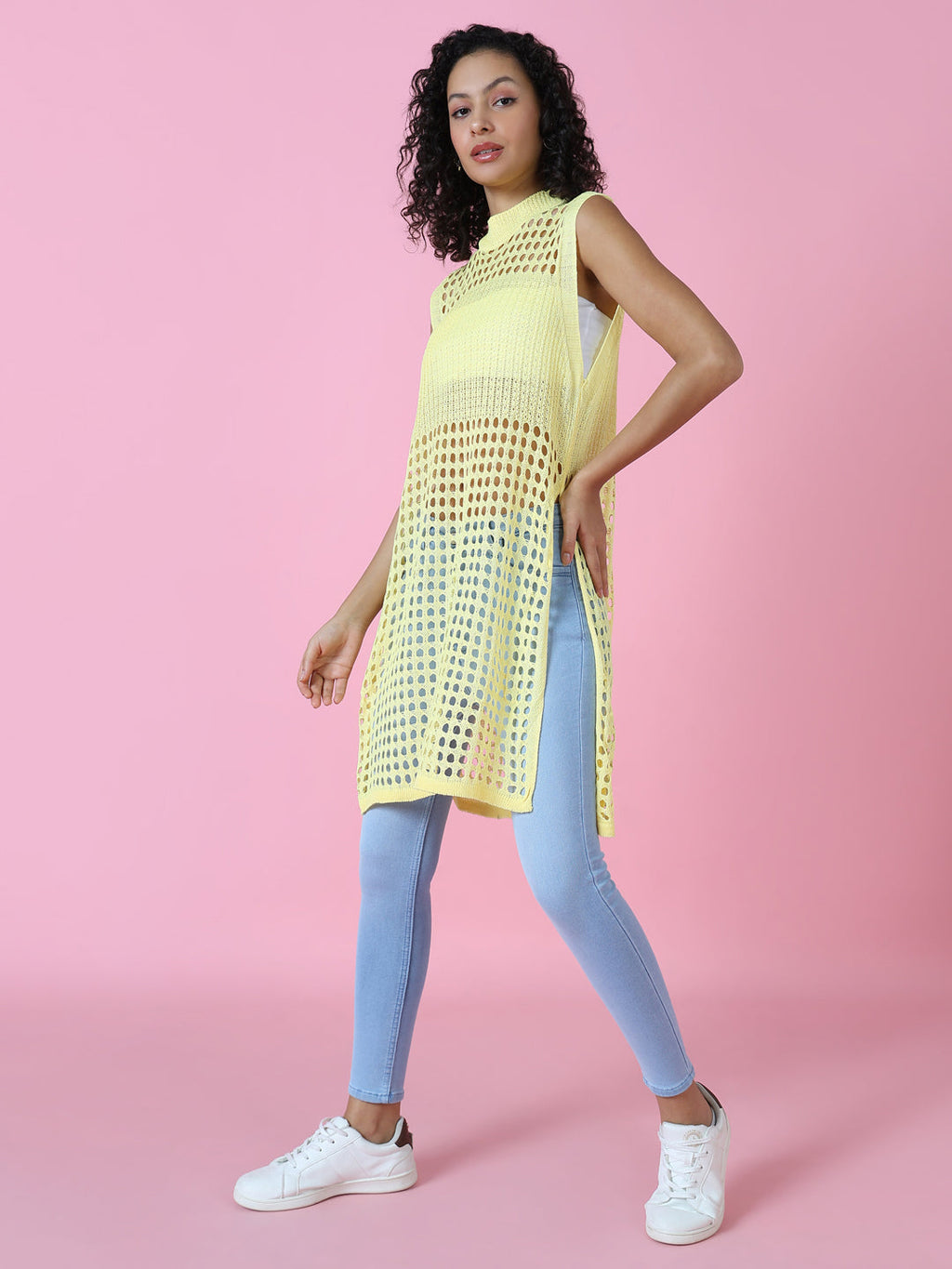 Women's Yellow Solid Crochet Longline Top
