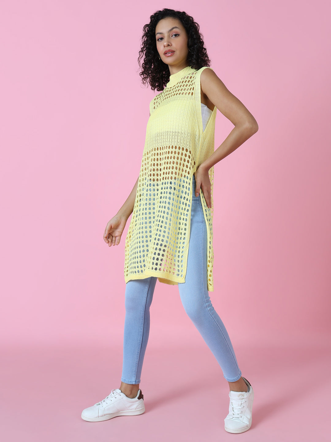Women's Yellow Solid Crochet Longline Top