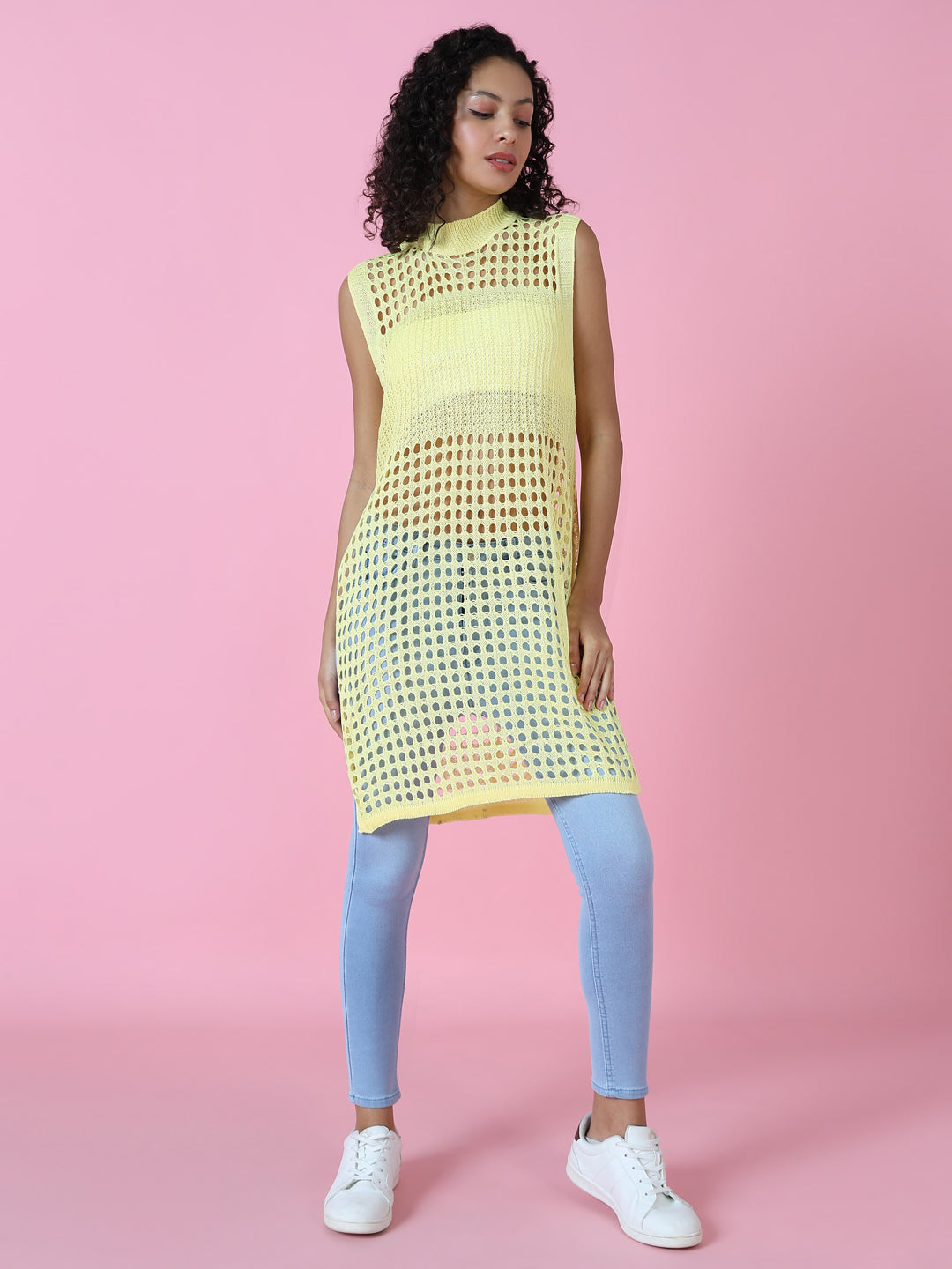 Women's Yellow Solid Crochet Longline Top