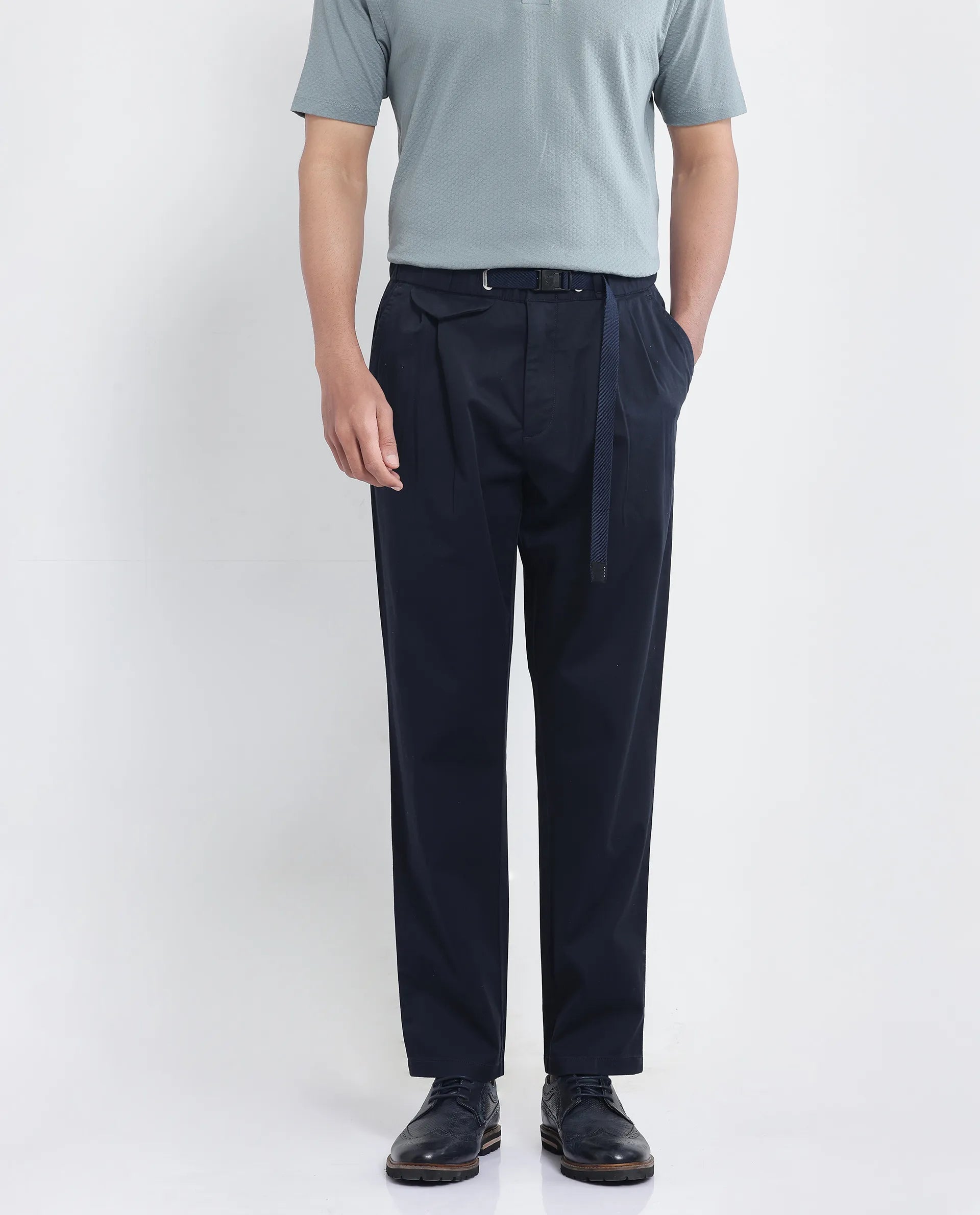 Rare Rabbit Men's Yocko Navy Cotton Blend Plain Baggy Fit Trouser