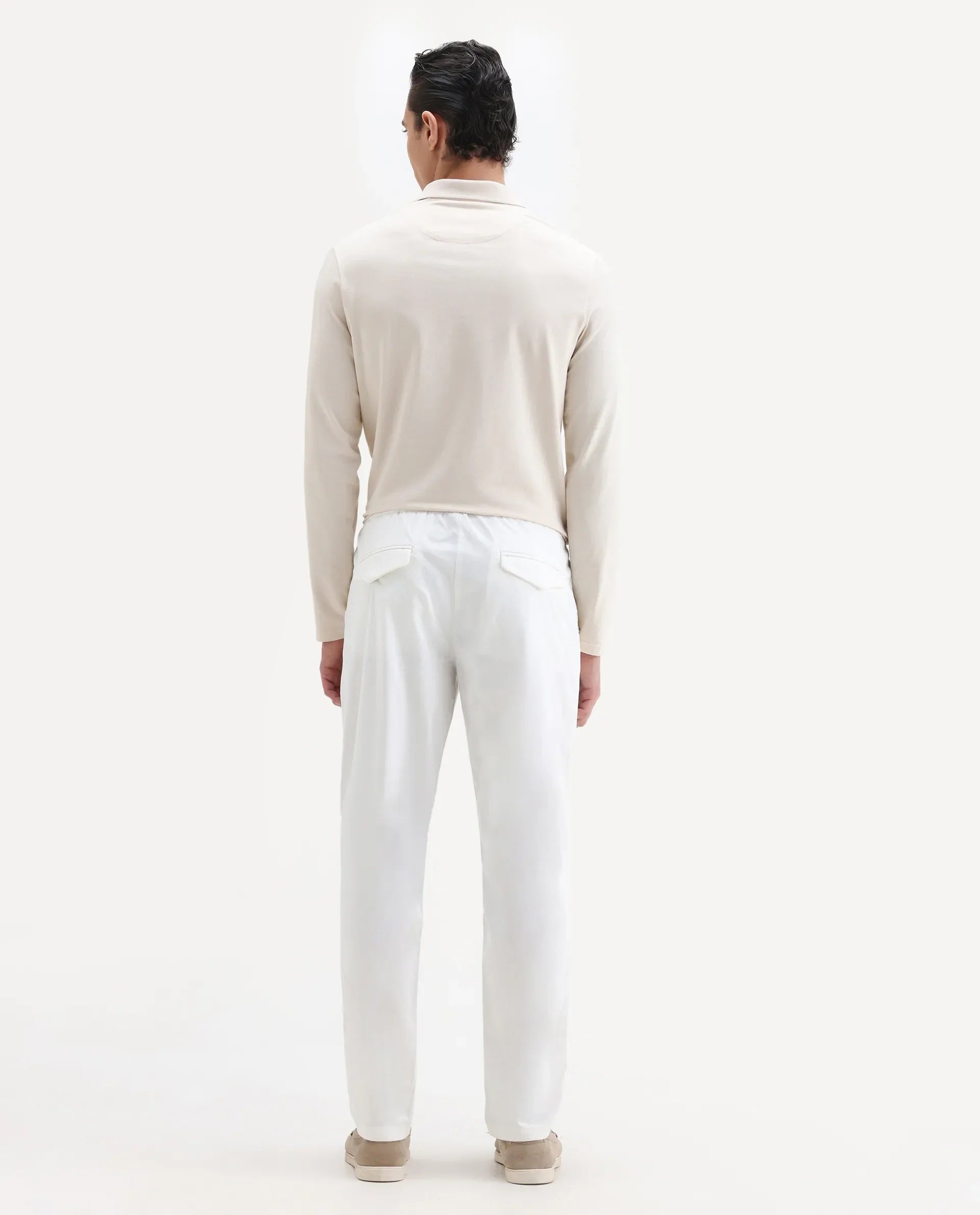 Rare Rabbit Men's Yocko White Cotton Blend Plain Baggy Fit Trouser