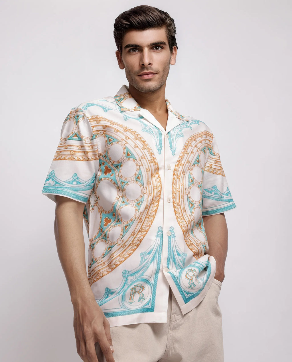 Rare Rabbit Men's Yokor Beige Viscose Placement Print Boxy Fit Half Sleeve Cuban Collar Shirt