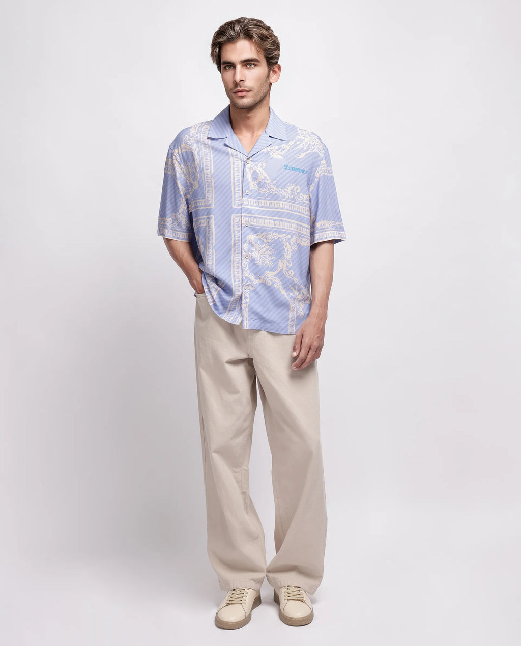 Rare Rabbit Men's Yuna Purple Viscose Placement Print Boxy Fit Half Sleeve Cuban Collar Shirt