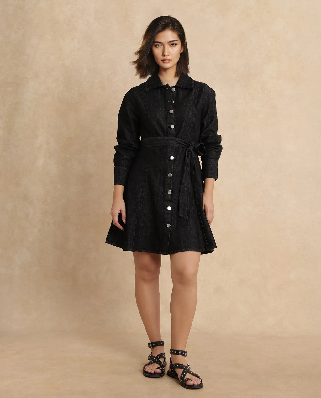 Rareism Women's Zang Black Cotton Spread Collar Plain Cuffed Sleeve Mini A-Line Dress