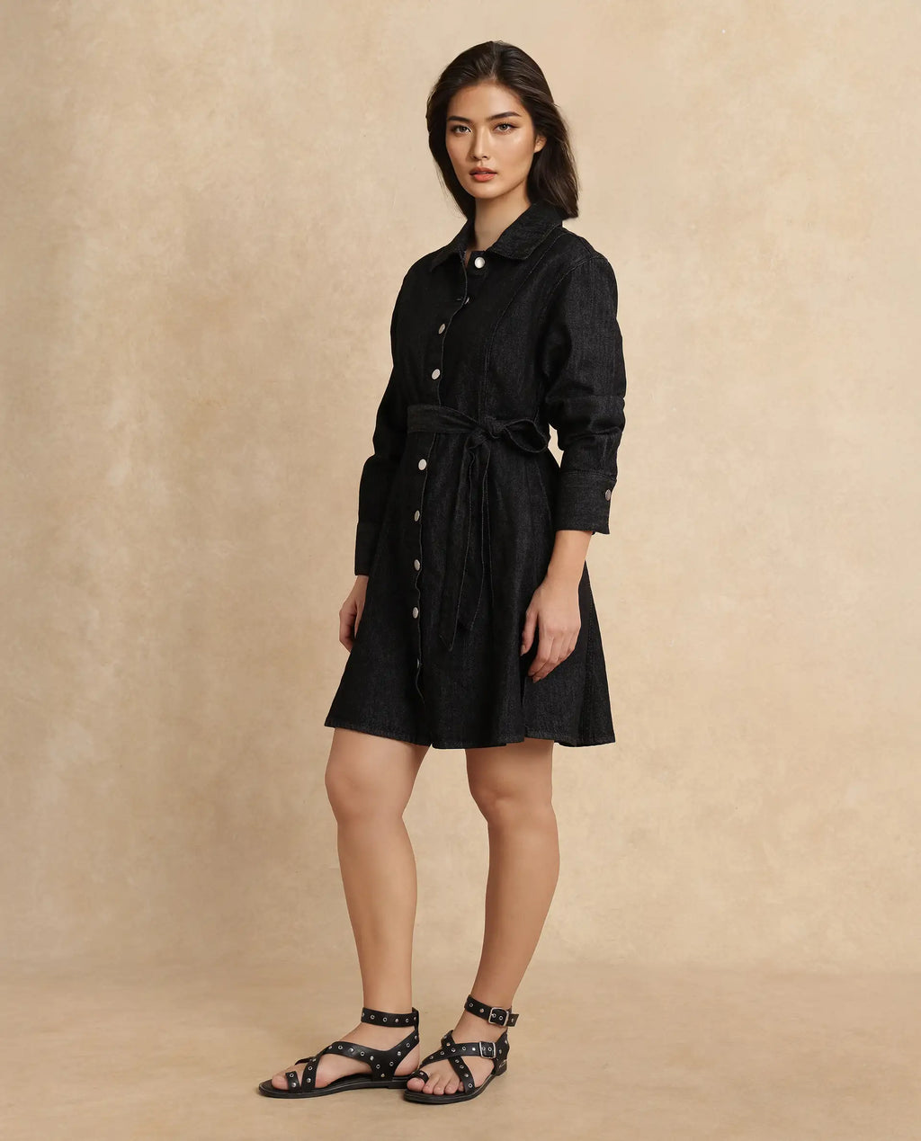 Rareism Women's Zang Black Cotton Spread Collar Plain Cuffed Sleeve Mini A-Line Dress