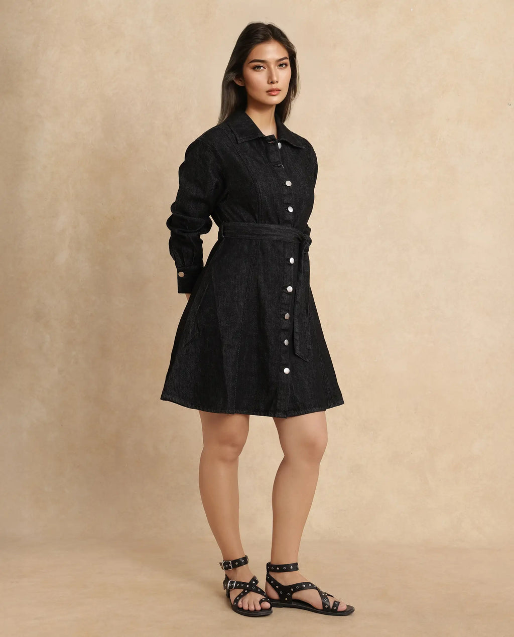 Rareism Women's Zang Black Cotton Spread Collar Plain Cuffed Sleeve Mini A-Line Dress