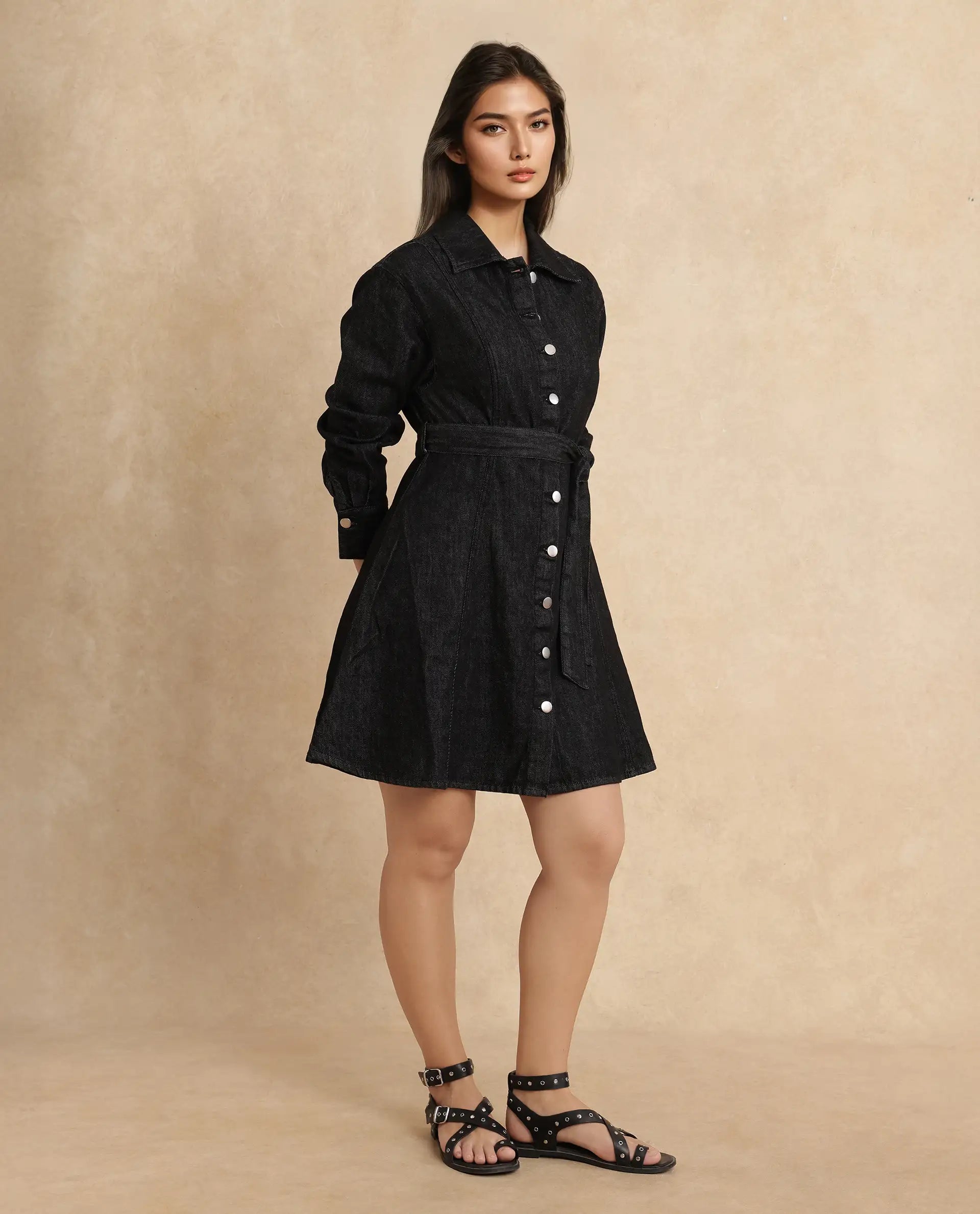 Rareism Women's Zang Black Cotton Spread Collar Plain Cuffed Sleeve Mini A-Line Dress