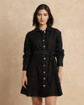Rareism Women's Zang Black Cotton Spread Collar Plain Cuffed Sleeve Mini A-Line Dress
