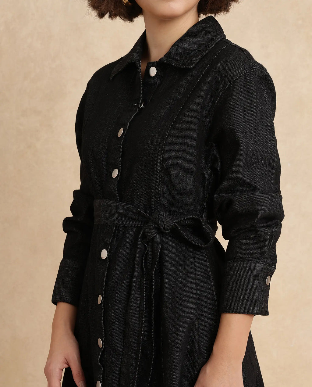 Rareism Women's Zang Black Cotton Spread Collar Plain Cuffed Sleeve Mini A-Line Dress