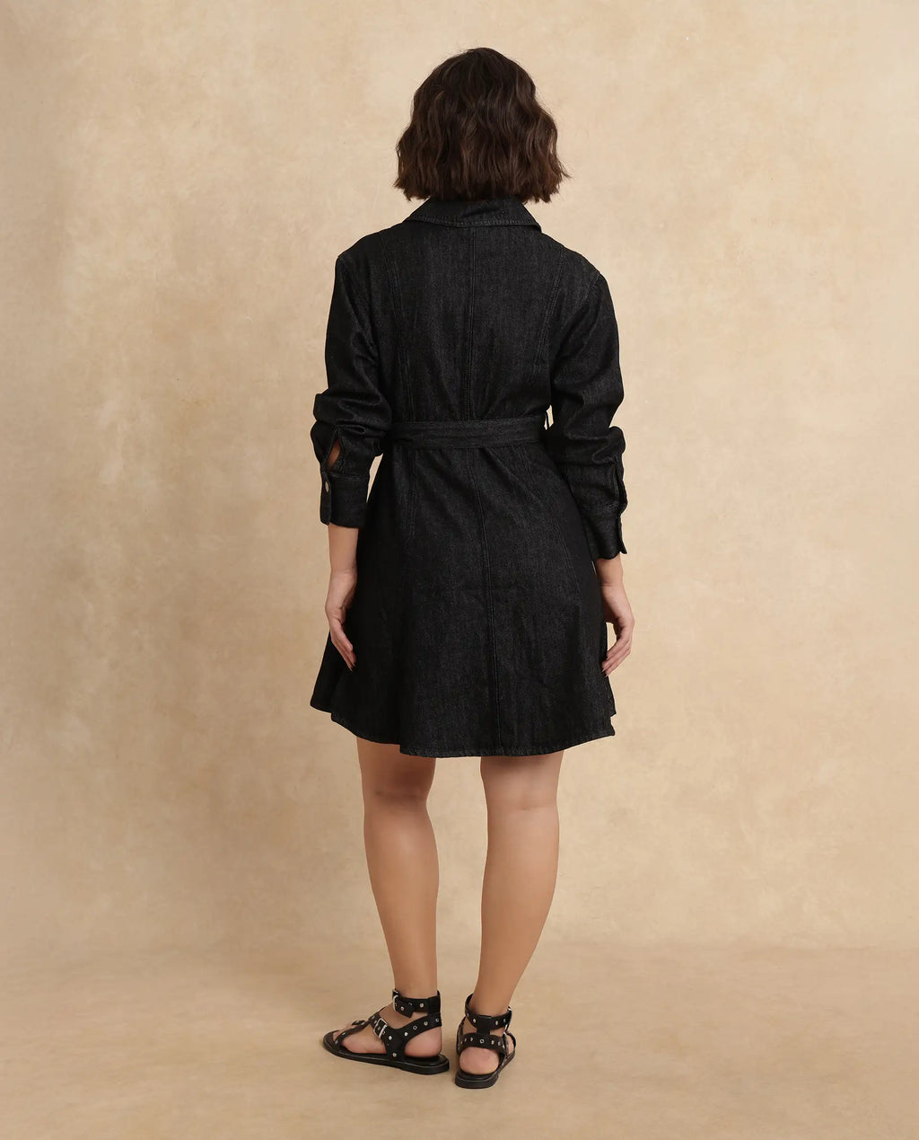 Rareism Women's Zang Black Cotton Spread Collar Plain Cuffed Sleeve Mini A-Line Dress