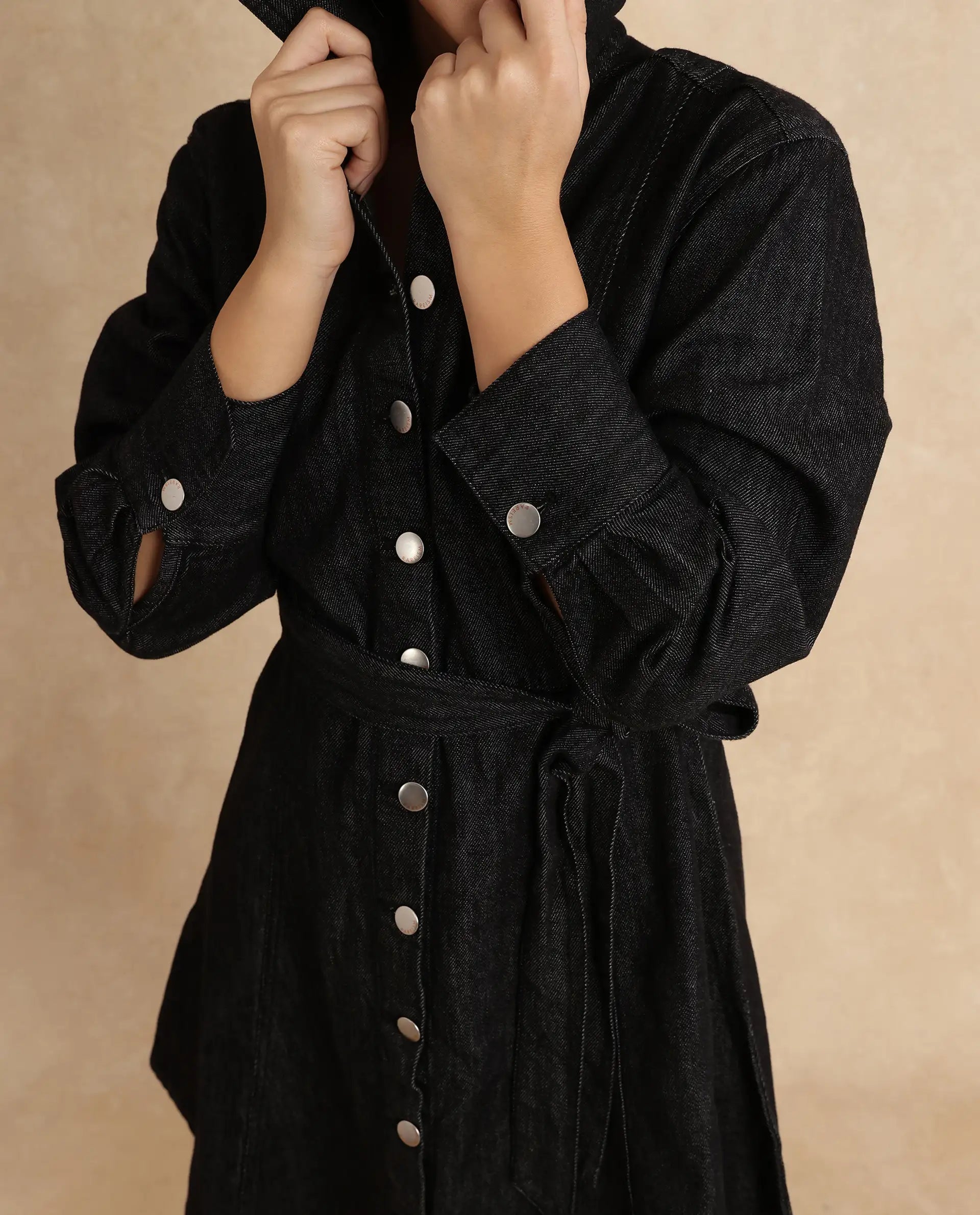 Rareism Women's Zang Black Cotton Spread Collar Plain Cuffed Sleeve Mini A-Line Dress