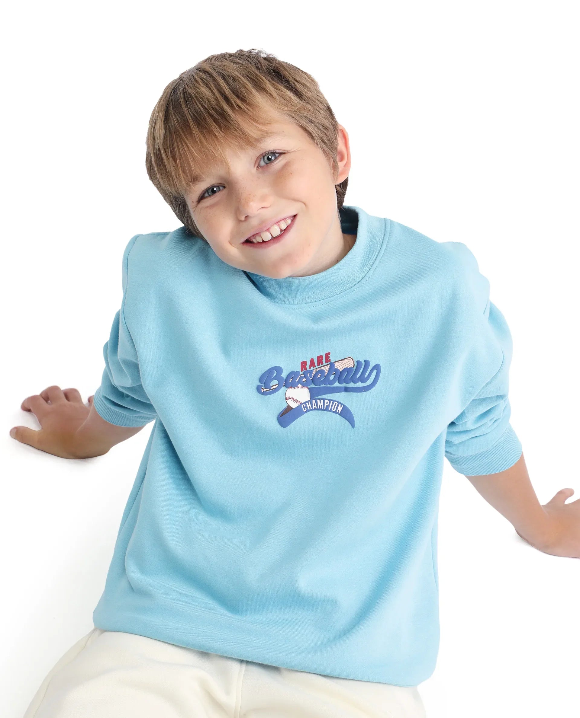 Rare Ones Kids Zeke Light Blue Cotton Blend Pull-On Closure Hd Print Full Sleeves Oversized Sweatshirt