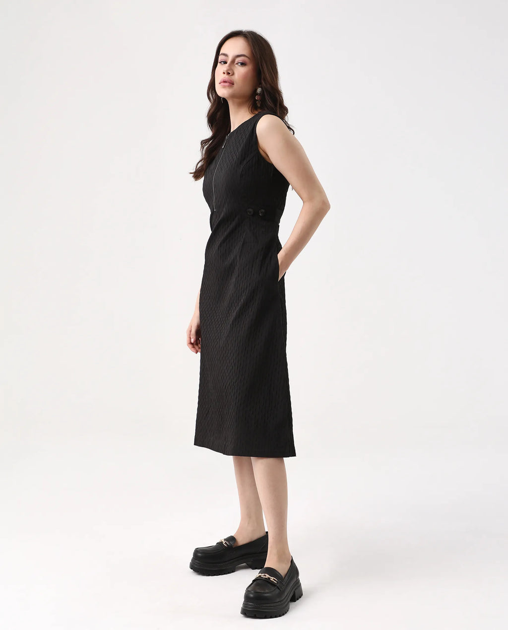 Rareism Women's Zelina Black Polyester Round Neck Striped Sleeveless Knee Length A-Line Dress