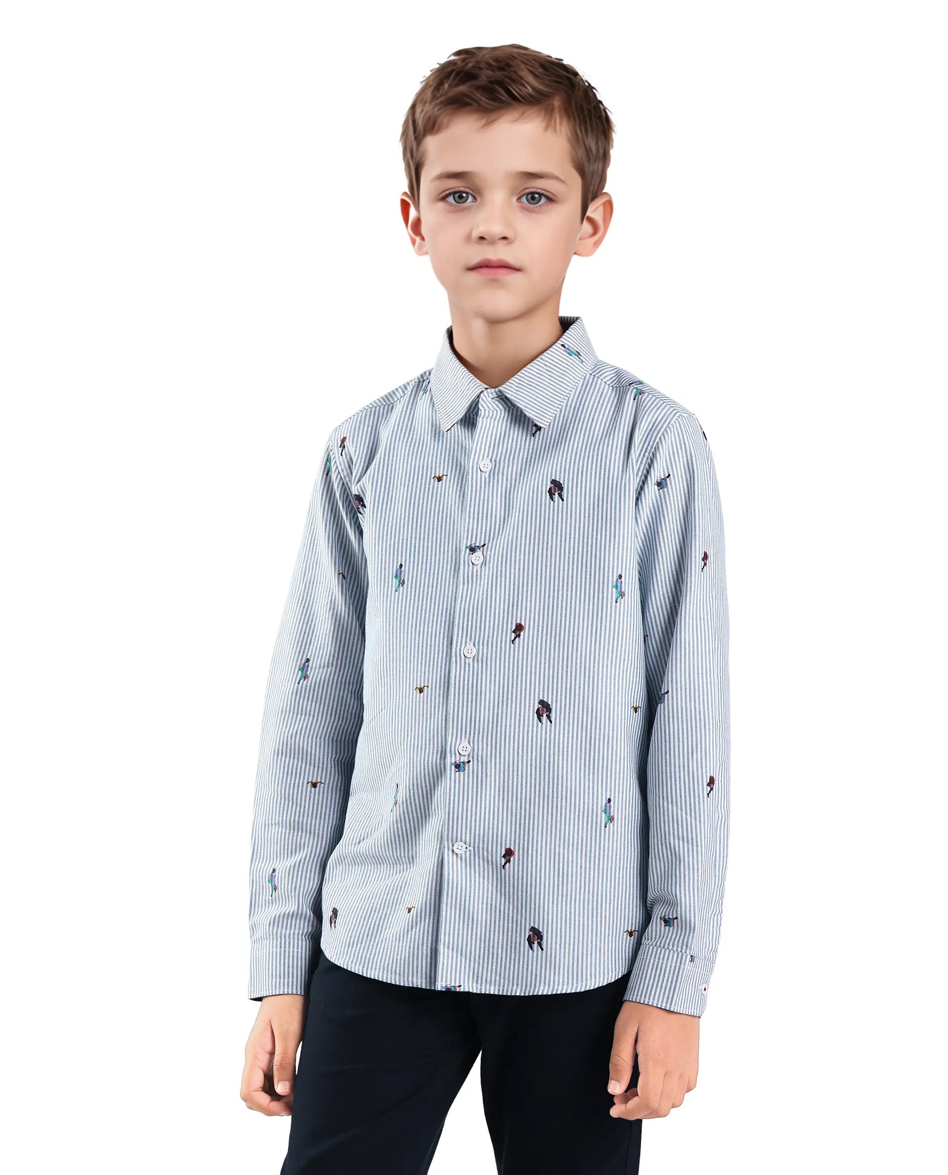 Rare Ones Kids Zeme Blue Cotton Button Closure Spread Collar Printed Full Sleeves Regular Fit Shirt
