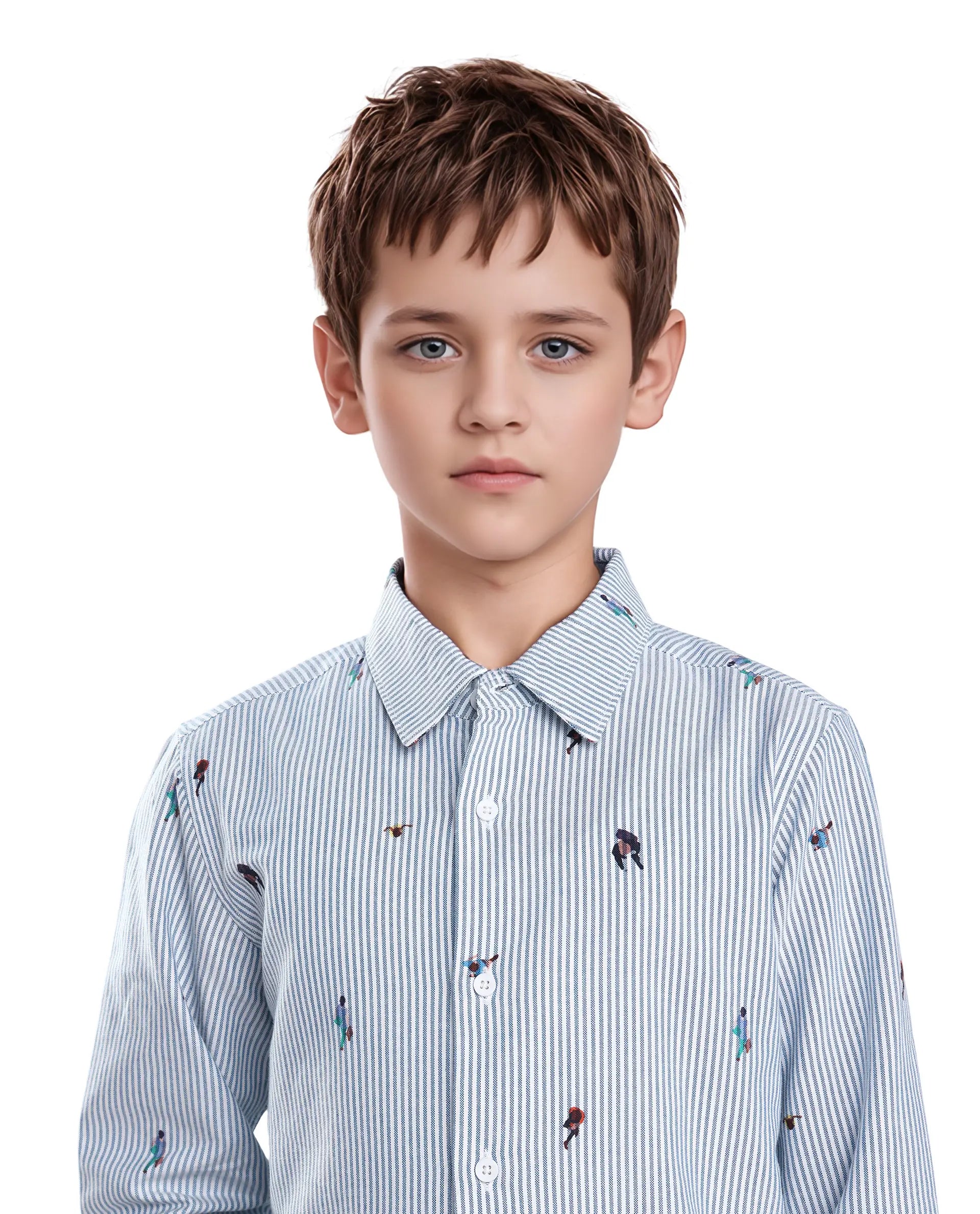 Rare Ones Kids Zeme Blue Cotton Button Closure Spread Collar Printed Full Sleeves Regular Fit Shirt