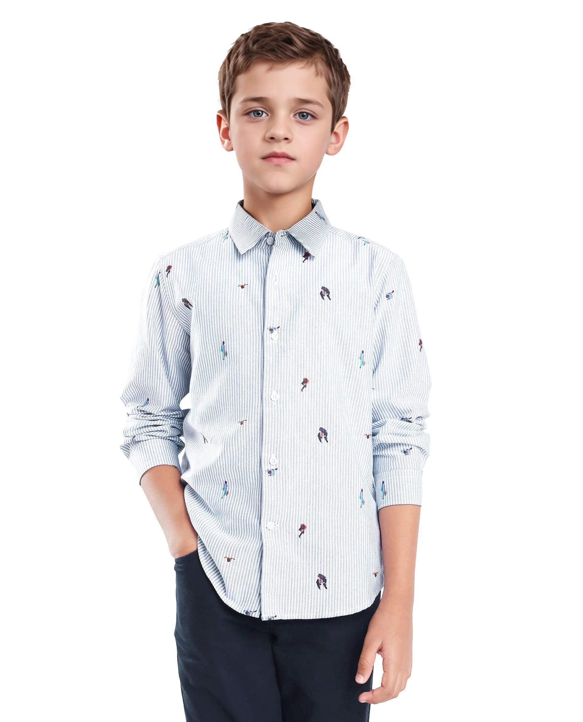 Rare Ones Kids Zeme Blue Cotton Button Closure Spread Collar Printed Full Sleeves Regular Fit Shirt