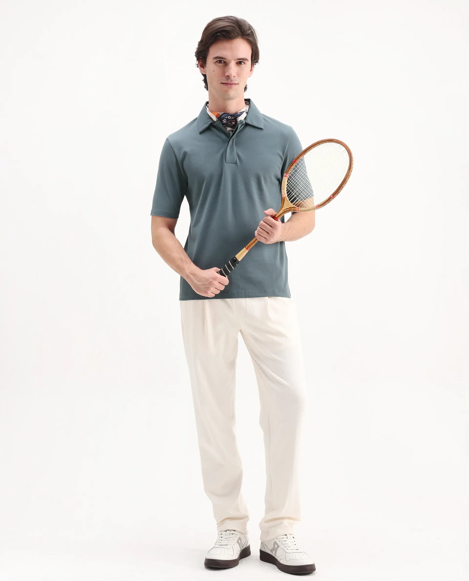 Rare Rabbit Men's Zeni Dusky Green Cotton Plain Regular Fit Half Sleeve Polo