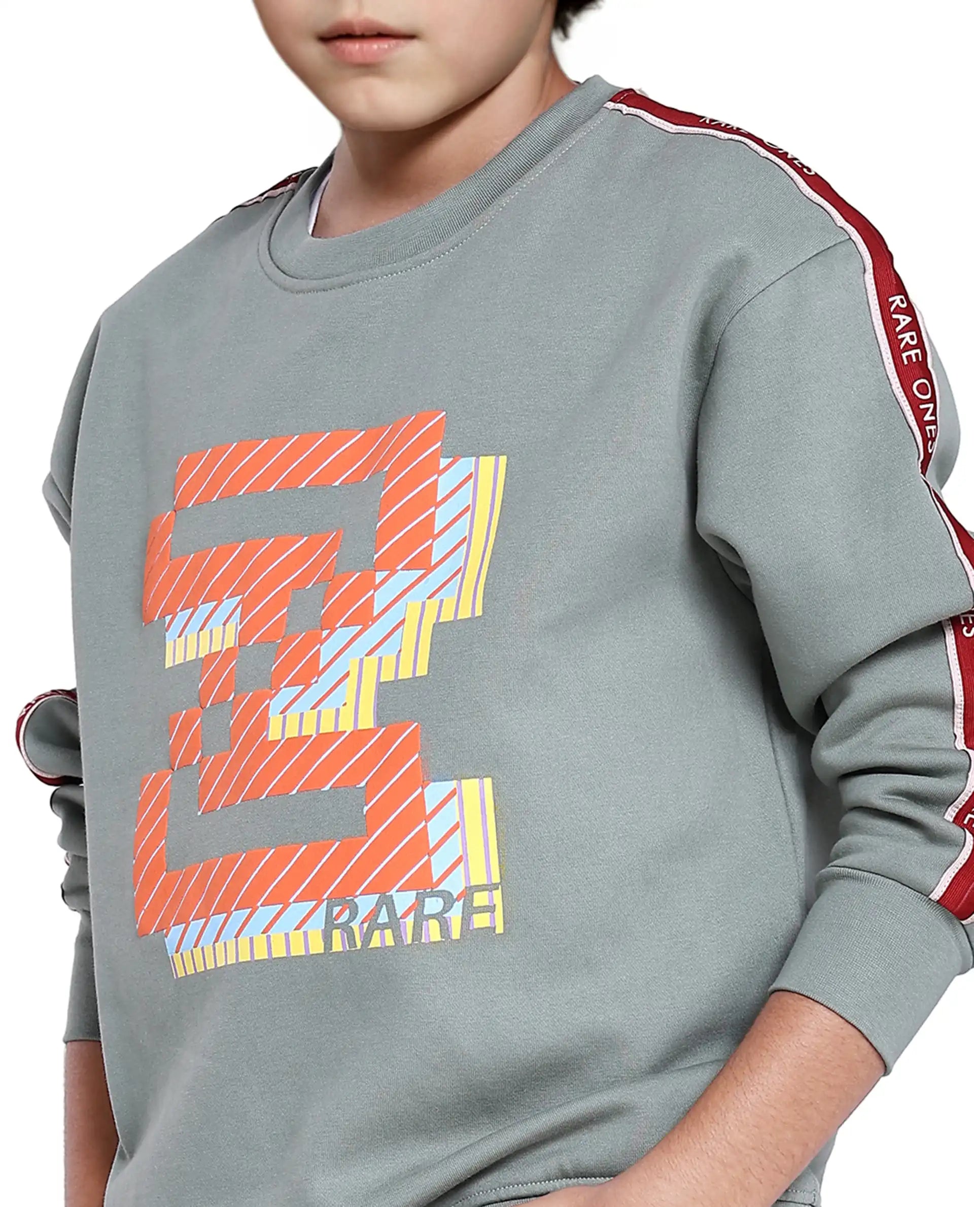 Rare Ones Kids Zet Dusky Green Cotton Poly Full Sleeve Puff Print Sweatshirt