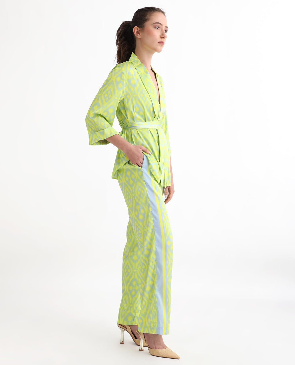 Rareism Women's Zie Yellow Polyester Striped Ankle Length Regular Fit Trouser
