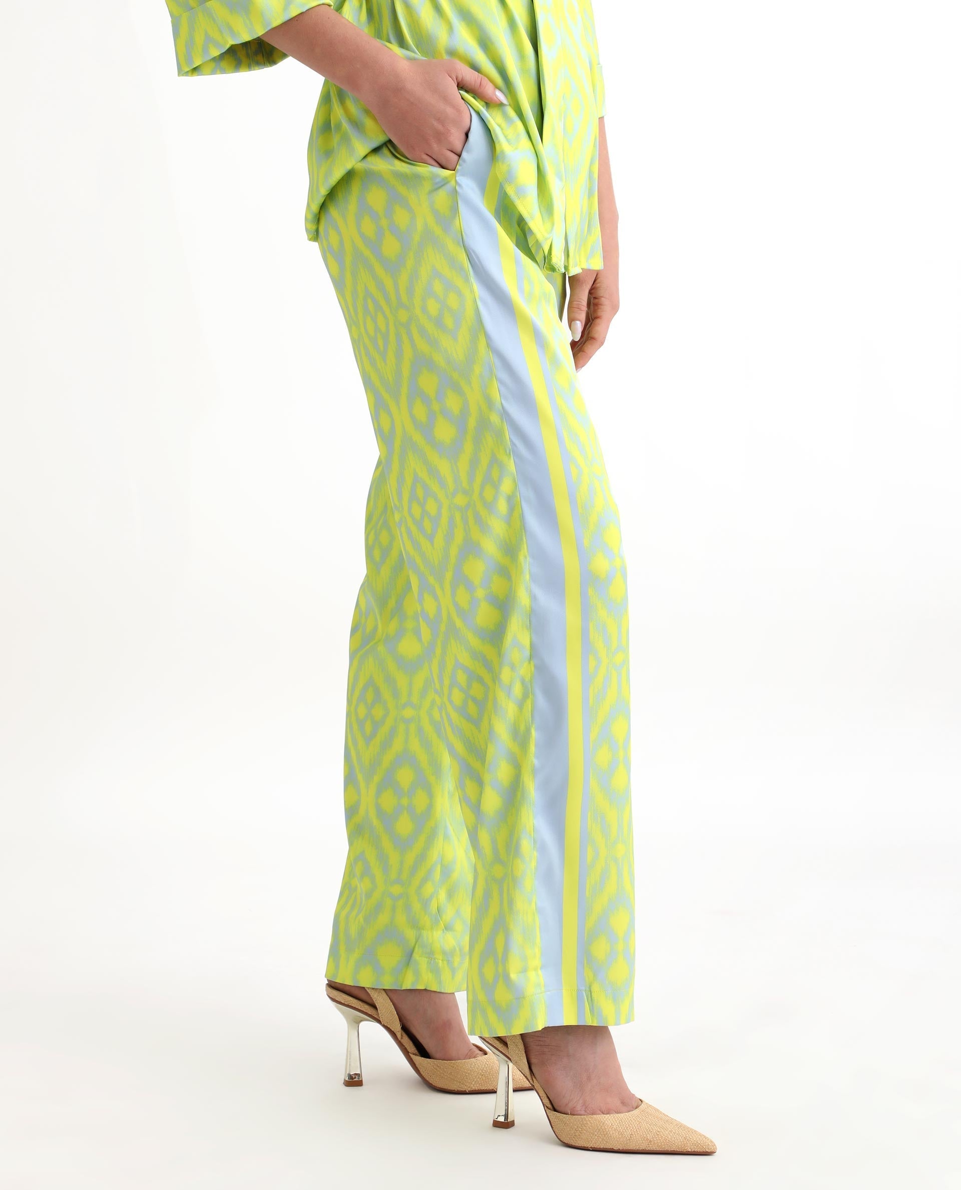 Rareism Women's Zie Yellow Polyester Striped Ankle Length Regular Fit Trouser
