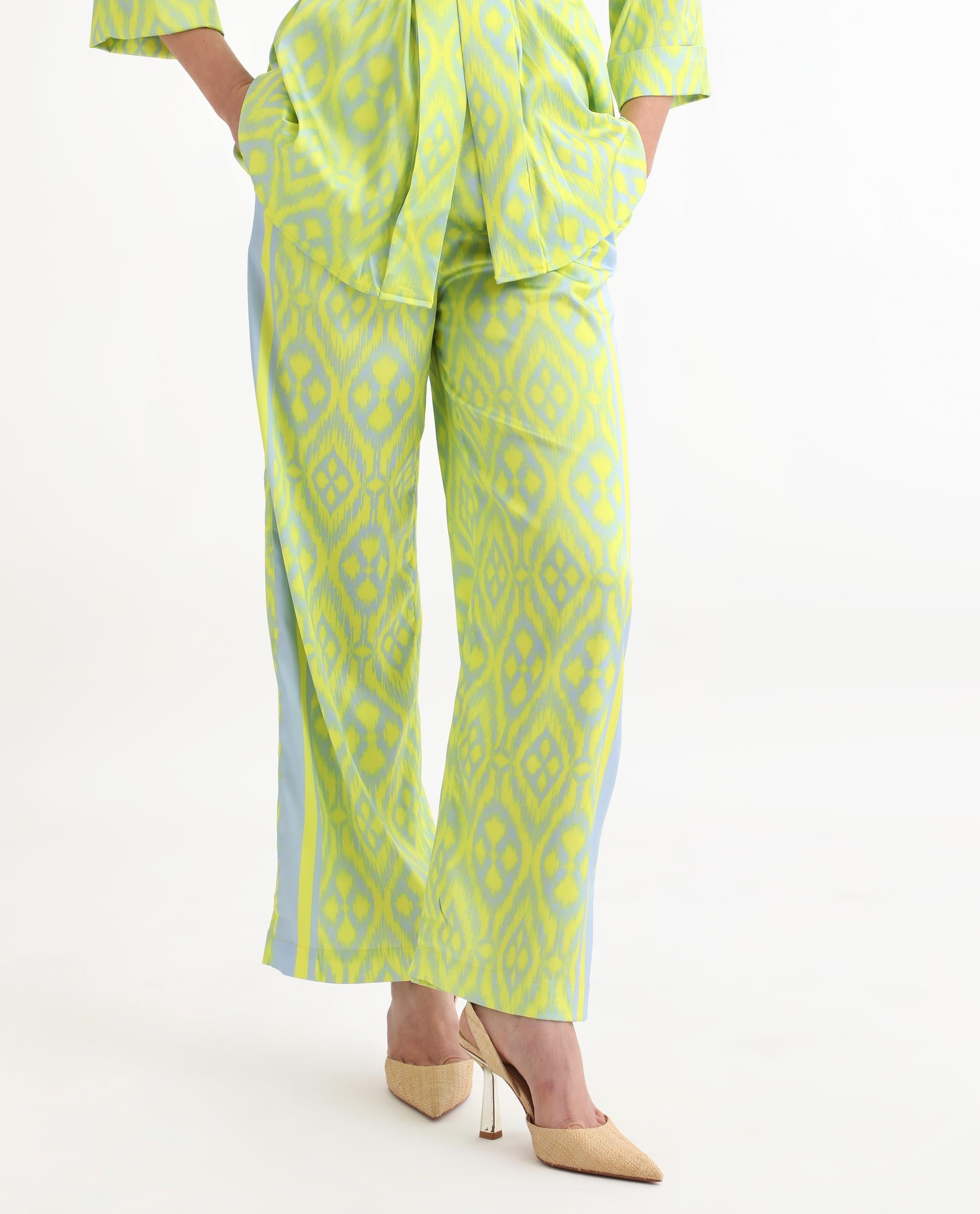 Rareism Women's Zie Yellow Polyester Striped Ankle Length Regular Fit Trouser