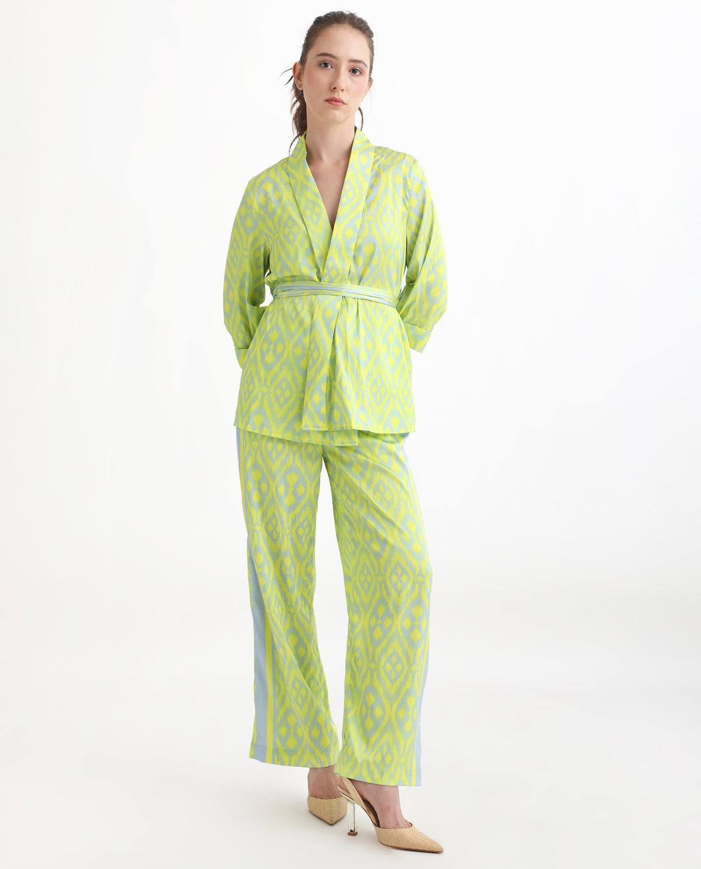 Rareism Women's Zie Yellow Polyester Striped Ankle Length Regular Fit Trouser
