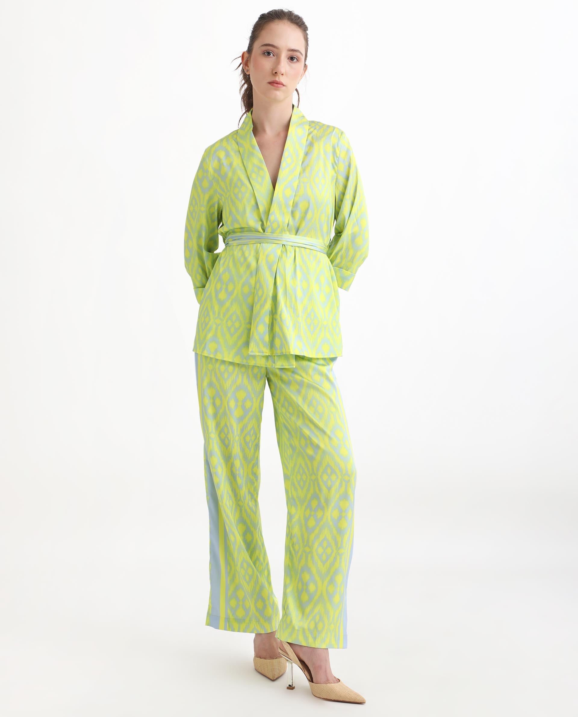 Rareism Women's Zie Yellow Polyester Striped Ankle Length Regular Fit Trouser