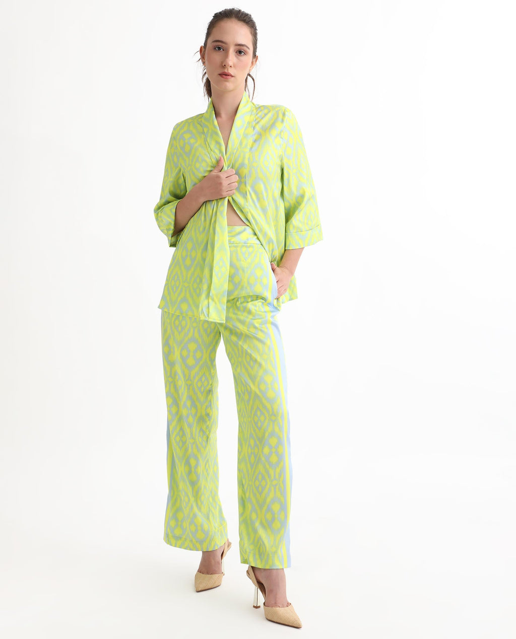 Rareism Women's Zie Yellow Polyester Striped Ankle Length Regular Fit Trouser