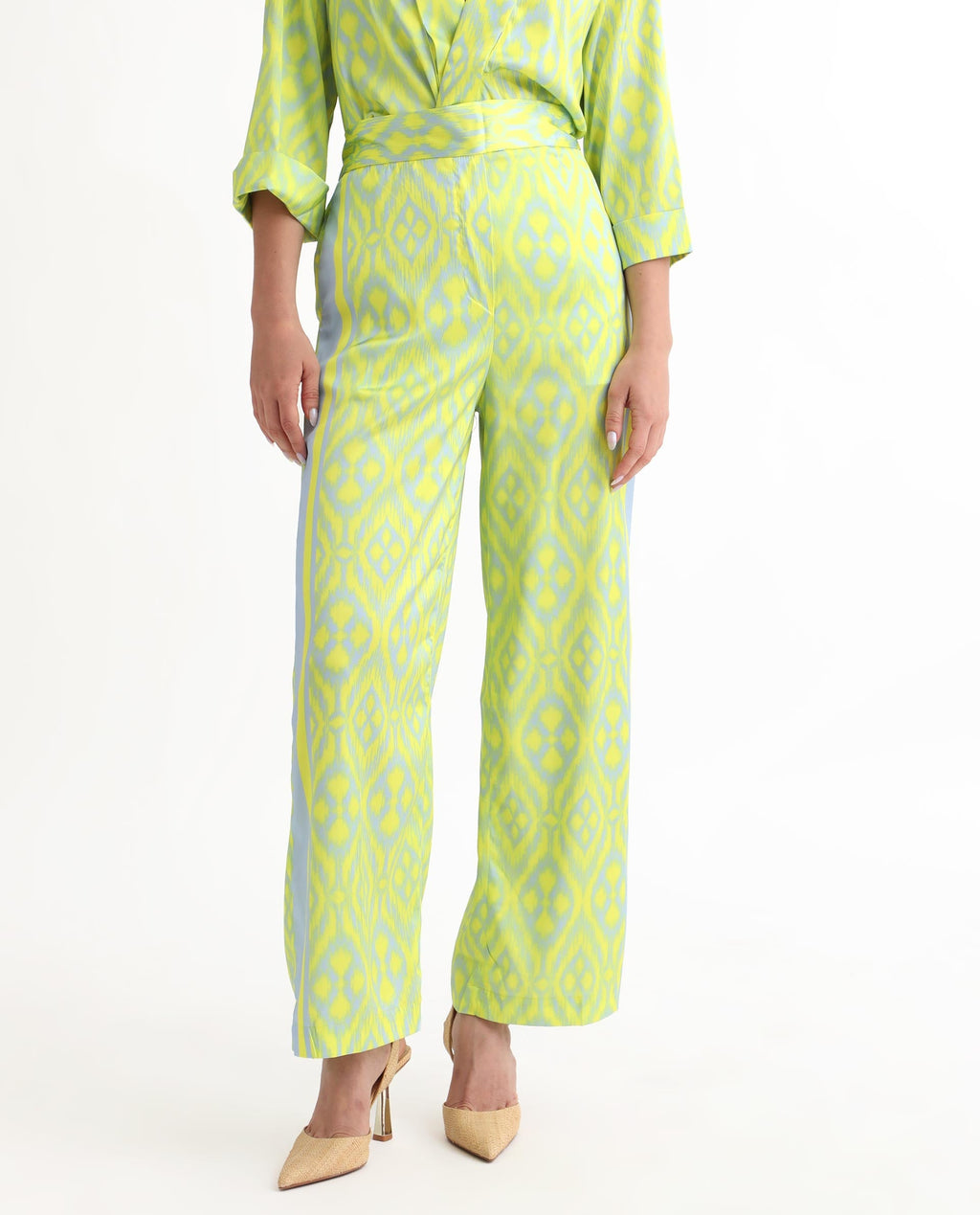 Rareism Women's Zie Yellow Polyester Striped Ankle Length Regular Fit Trouser