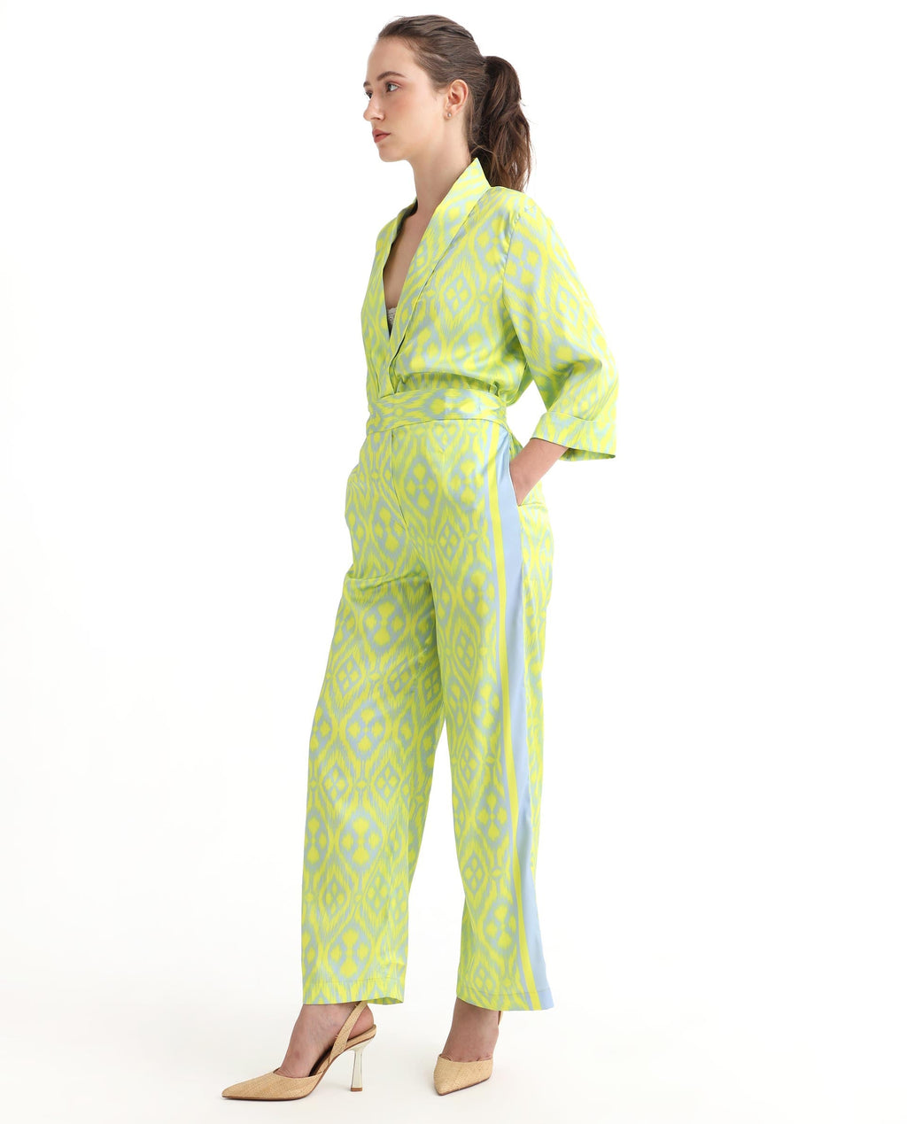 Rareism Women's Zie Yellow Polyester Striped Ankle Length Regular Fit Trouser