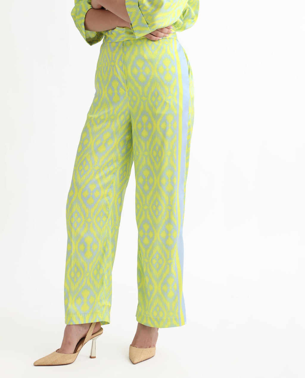 Rareism Women's Zie Yellow Polyester Striped Ankle Length Regular Fit Trouser