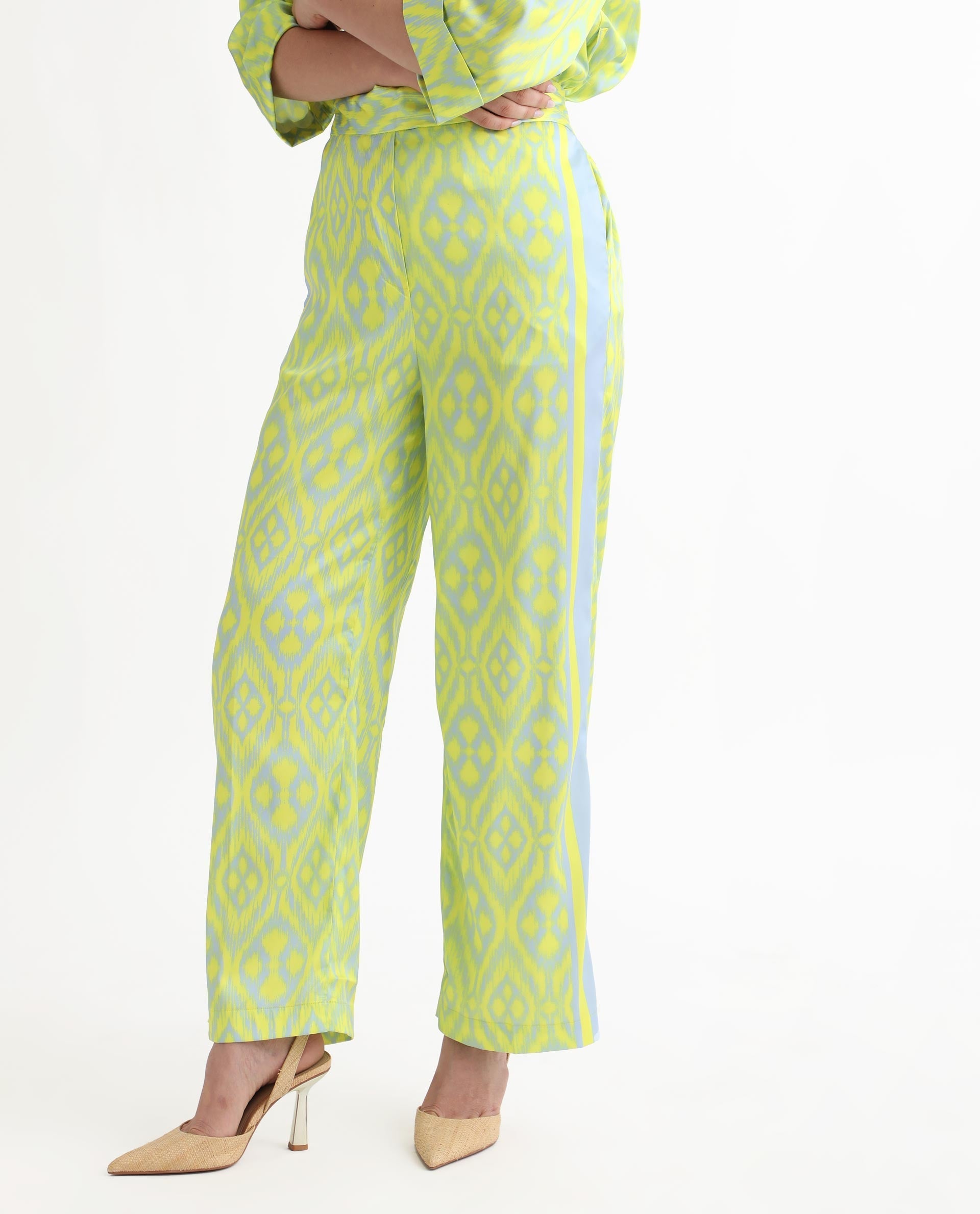 Rareism Women's Zie Yellow Polyester Striped Ankle Length Regular Fit Trouser