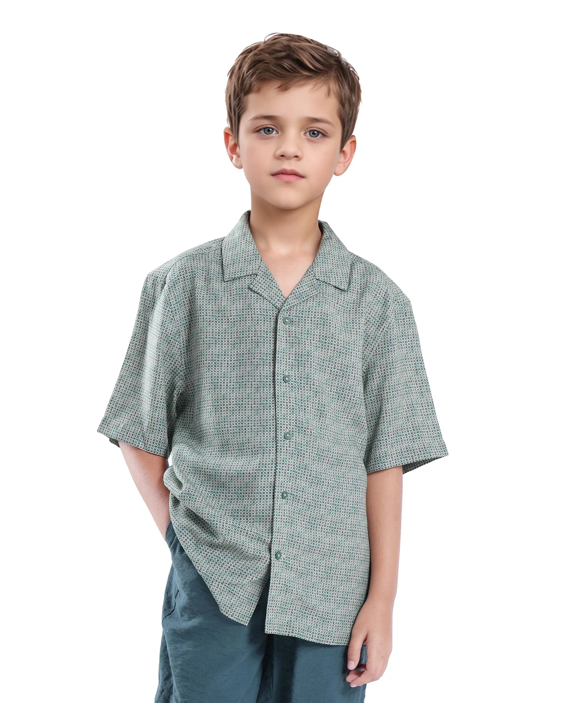 Rare Ones Kids Zyro Green Viscose Half Sleeve Button Printed Regular Fit Shirt
