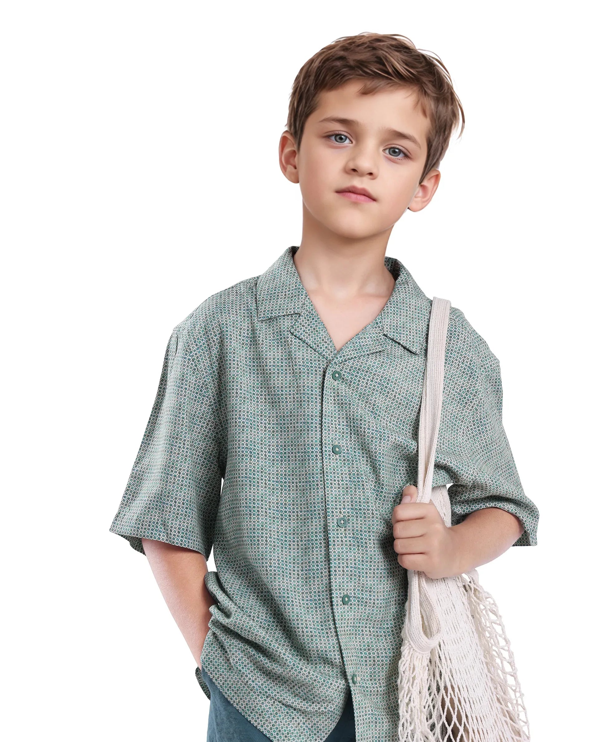Rare Ones Kids Zyro Green Viscose Half Sleeve Button Printed Regular Fit Shirt
