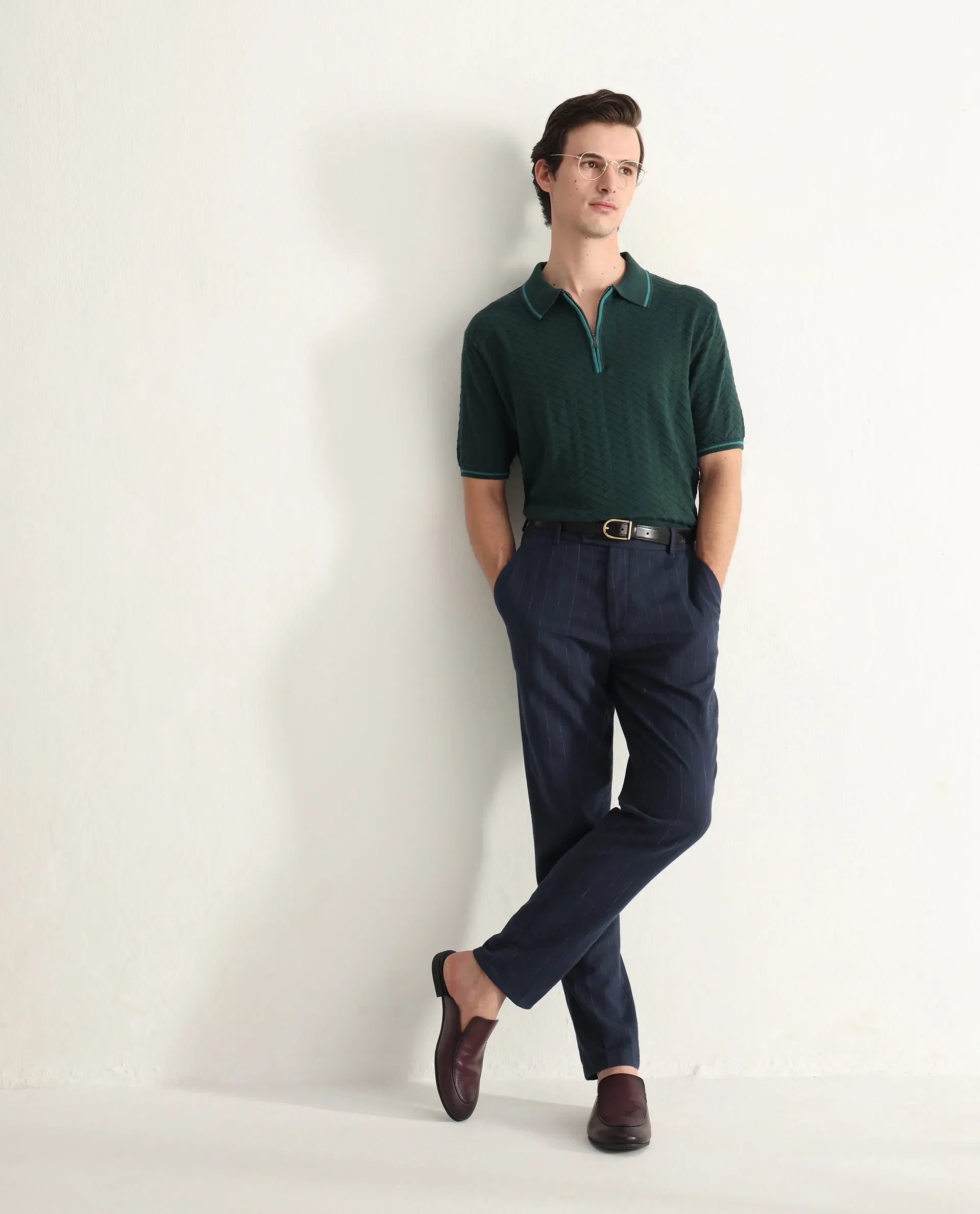 Rare Rabbit Men's Amet Dark Green Cotton Textured Regular Fit Half Sleeve Polo