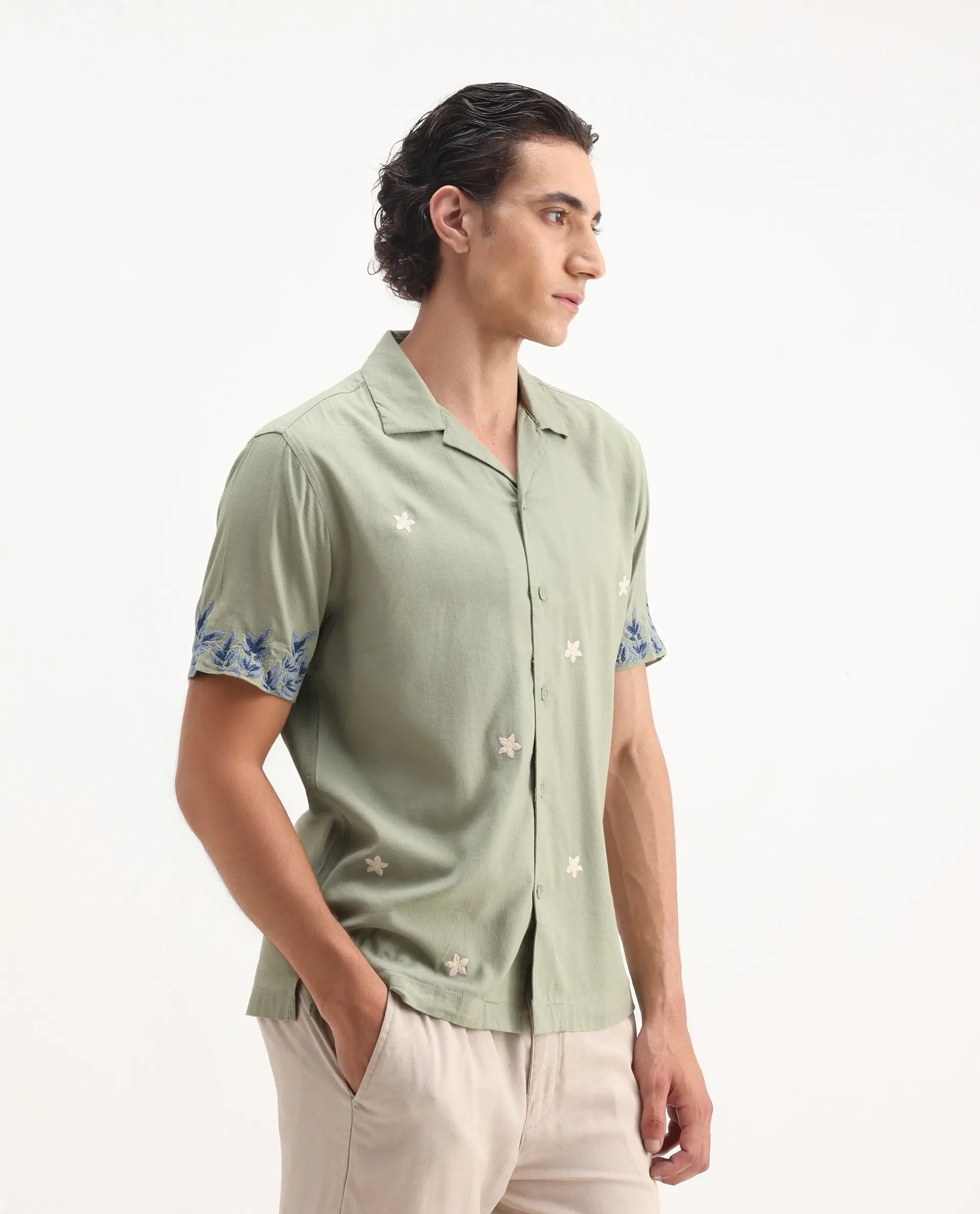 Rare Rabbit Men's Aria Olive Viscose Embroidered Boxy Fit Half Sleeve Cuban Collar Shirt