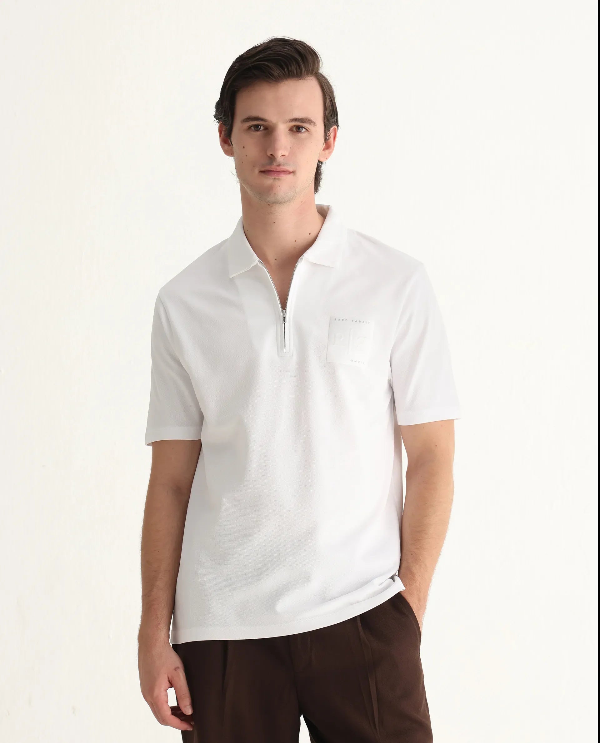 Rare Rabbit Men's Berner White Cotton Blend Graphic Print Regular Fit Half Sleeve Polo