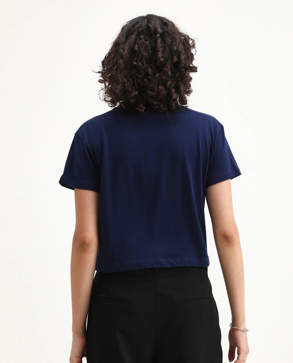 Rareism Women's Bhaze Navy Cotton Crew Neck Typography Print Crop Regular Fit T-Shirt
