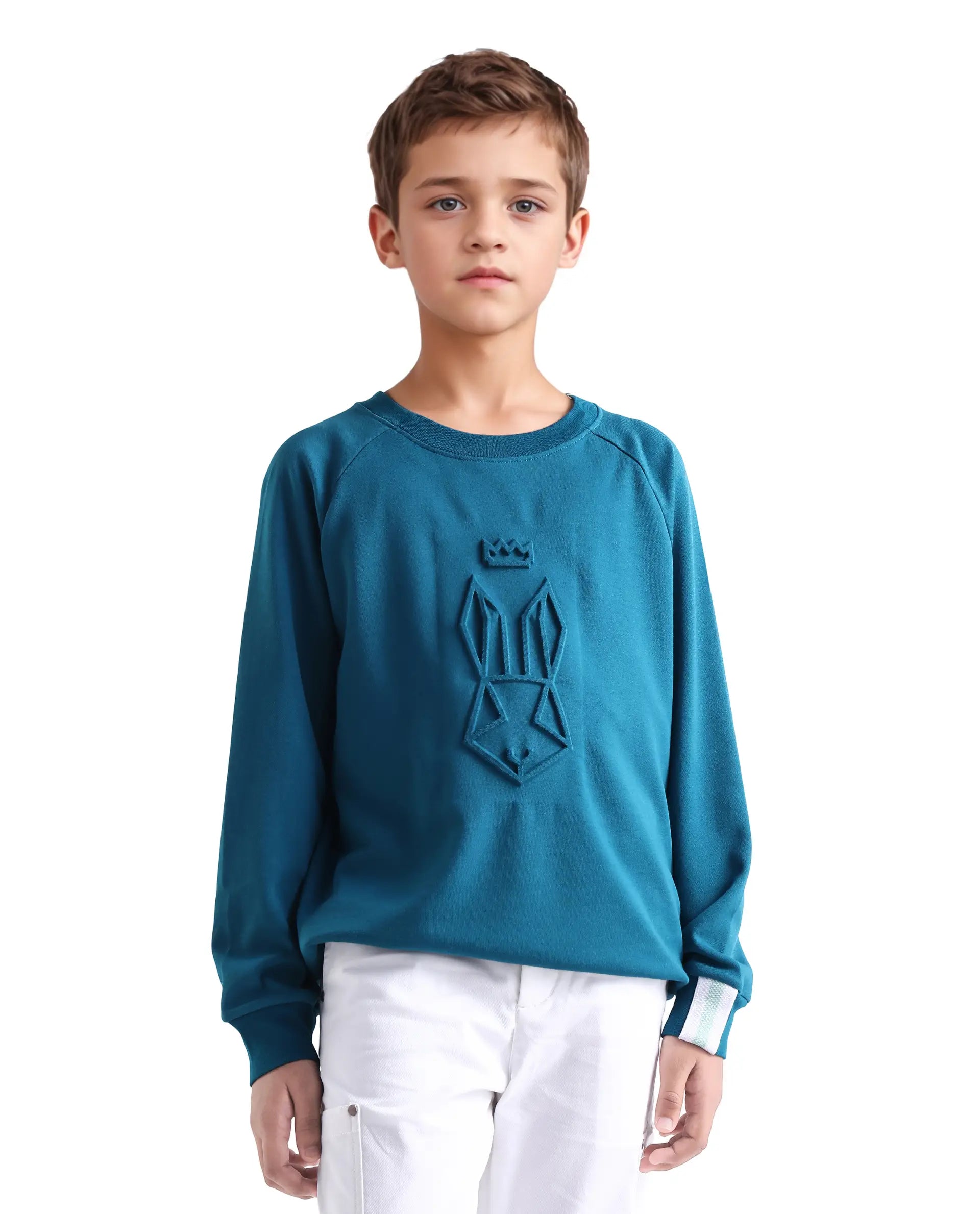 Rare Ones Kids Cadi Teal Cotton Blend Full Sleeves Embossed Oversized Sweatshirt