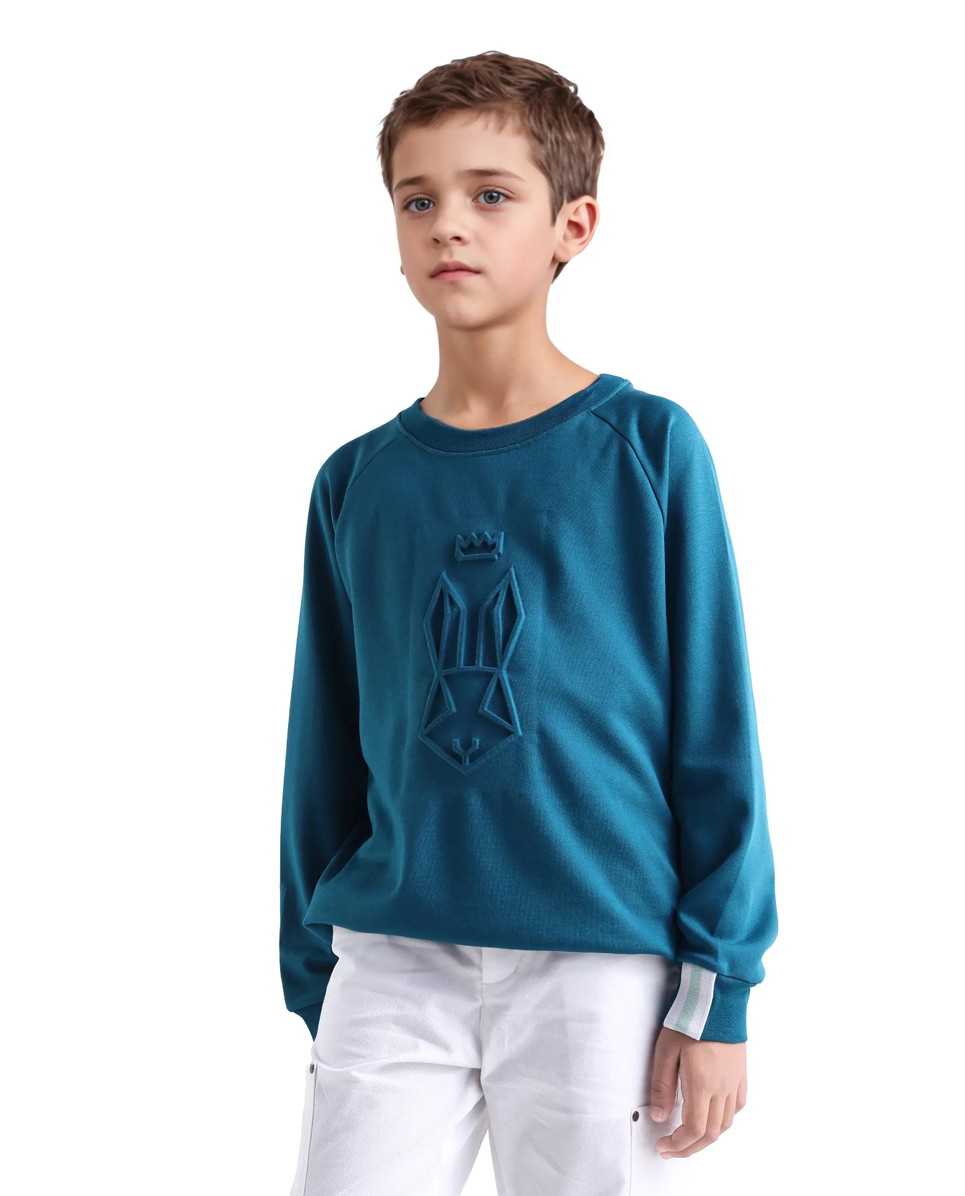 Rare Ones Kids Cadi Teal Cotton Blend Full Sleeves Embossed Oversized Sweatshirt