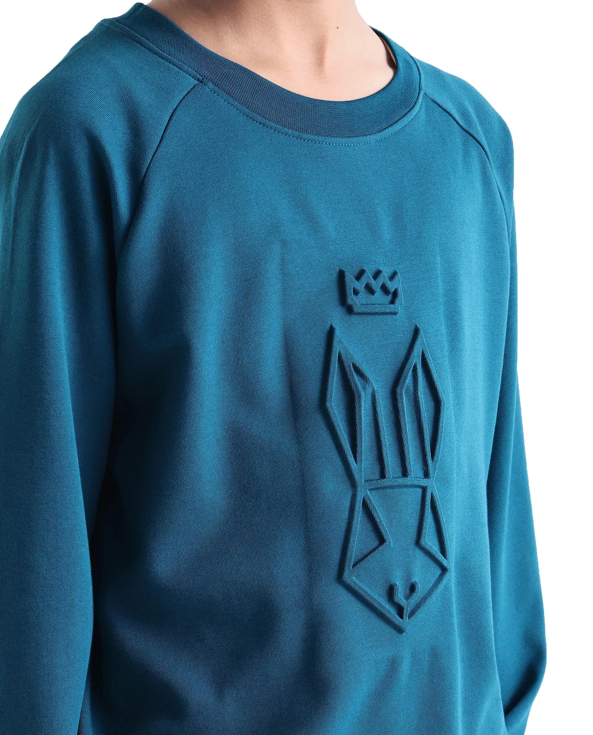 Rare Ones Kids Cadi Teal Cotton Blend Full Sleeves Embossed Oversized Sweatshirt