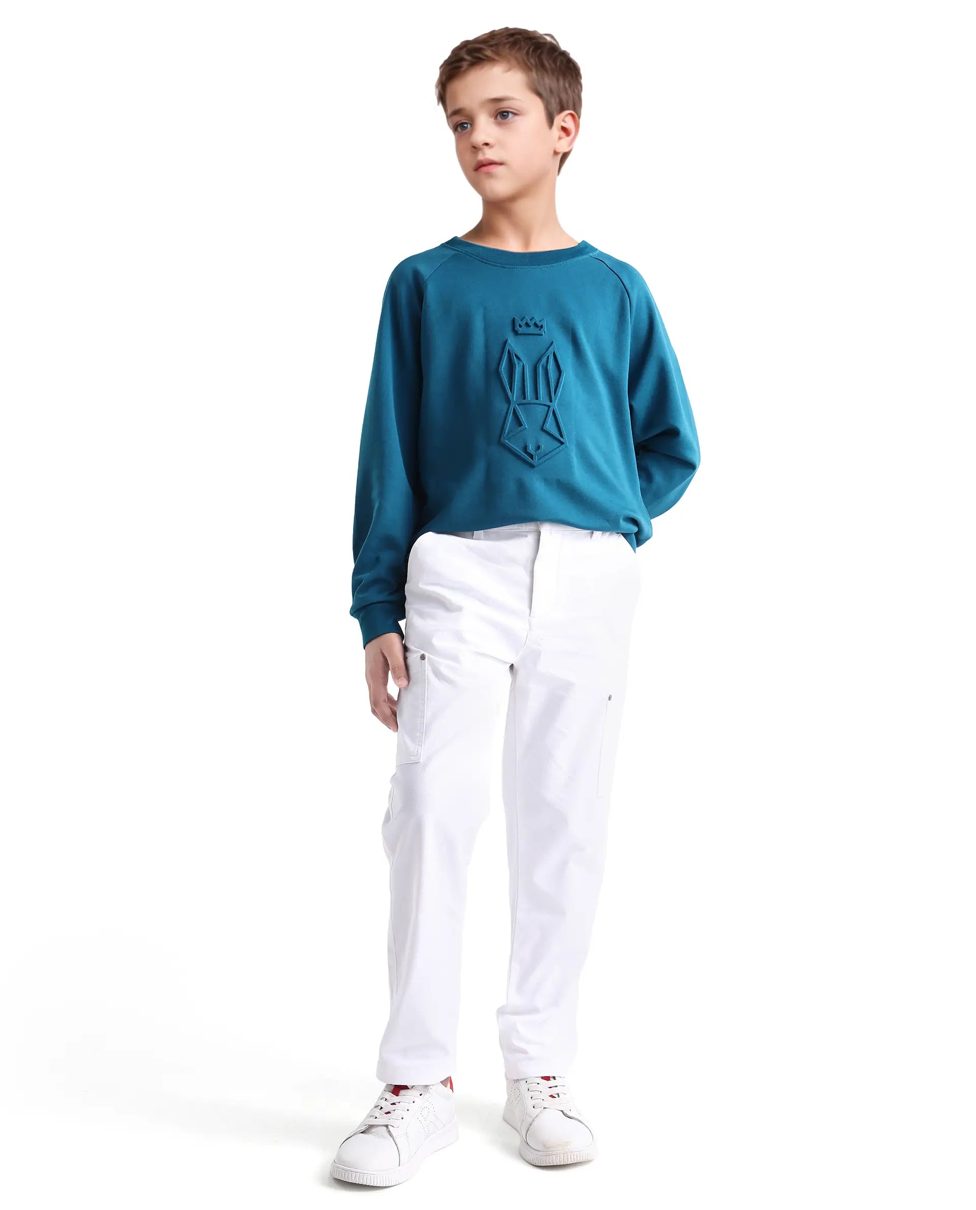 Rare Ones Kids Cadi Teal Cotton Blend Full Sleeves Embossed Oversized Sweatshirt