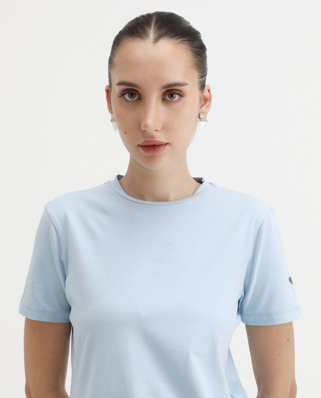 Rareism Women's Cercis Light Blue Cotton Blend Crew Neck Typography Print Regular Fit T-Shirt