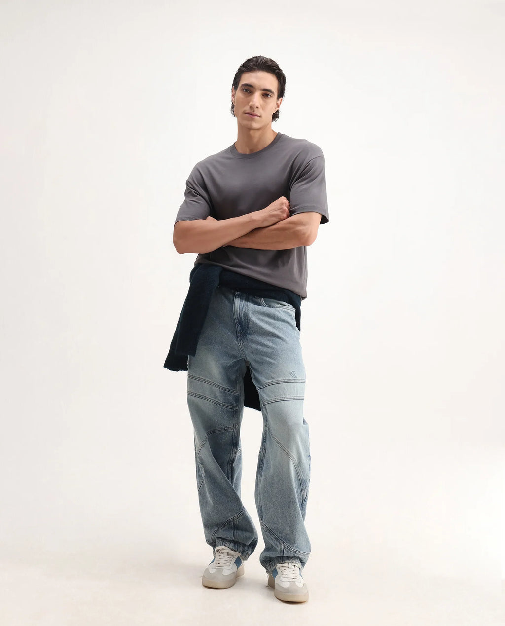 Rare Rabbit Men's Craft Dark Grey Cotton Embroidered Oversized Fit Half Sleeve Crew Neck T-Shirt