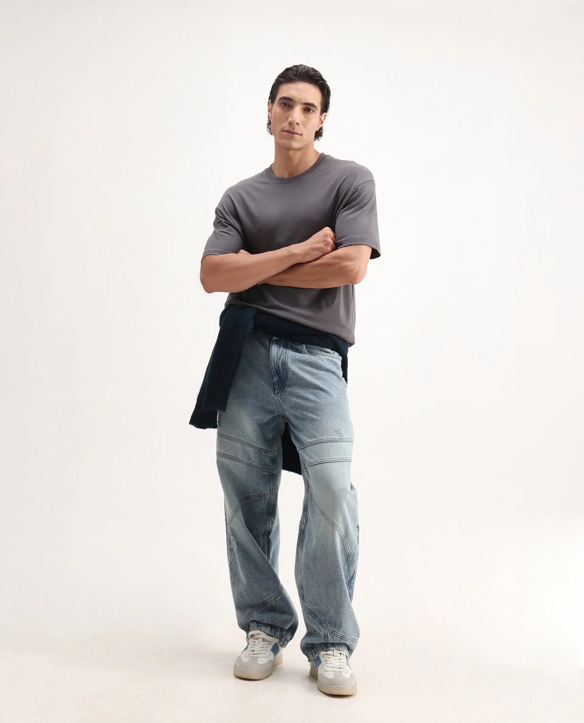 Rare Rabbit Men's Craft Dark Grey Cotton Embroidered Oversized Fit Half Sleeve Crew Neck T-Shirt